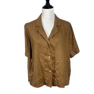 Quince Shirt Women 100% European Linen Short Sleeve Golden Brown Top L Relaxed